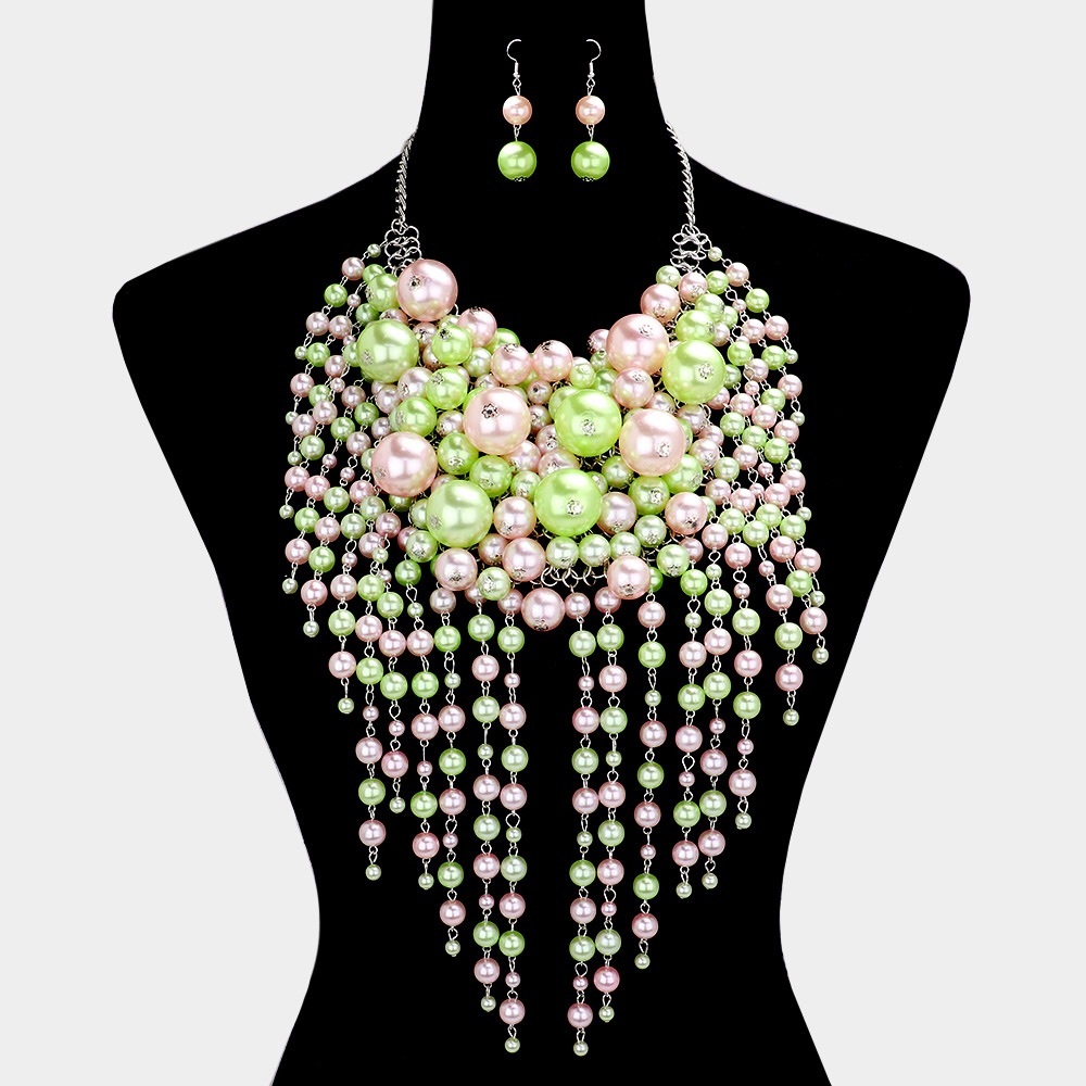Pink & Green Multi Layered Pearl Strand Statement Necklace